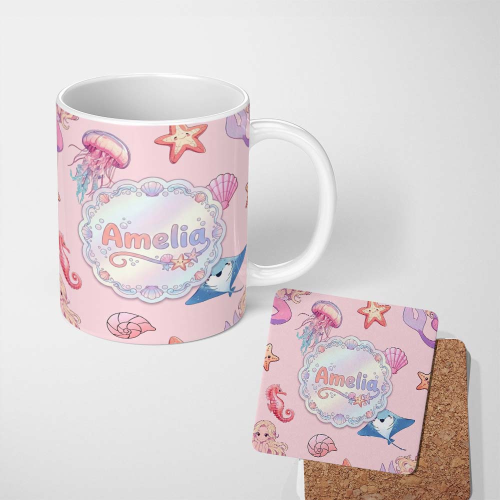 Personalized Custom Name Mermaid Ocean Friends Jellyfish Starfish Blush Pink Background 11oz Ceramic Coffee Tea Mug White Large Handle