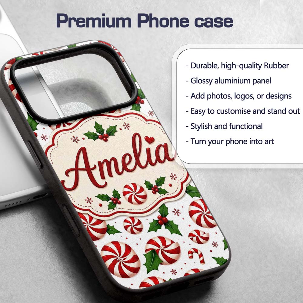 Red White Peppermint Candy Swirl Holly Seamless Custom Name Protective Phone Case Mobile Cover Durable Everyday Smartphone Shock Resistant
