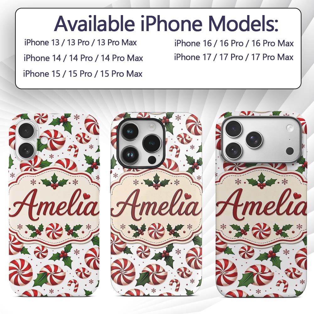 Red White Peppermint Candy Swirl Holly Seamless Custom Name Protective Phone Case Mobile Cover Durable Everyday Smartphone Shock Resistant