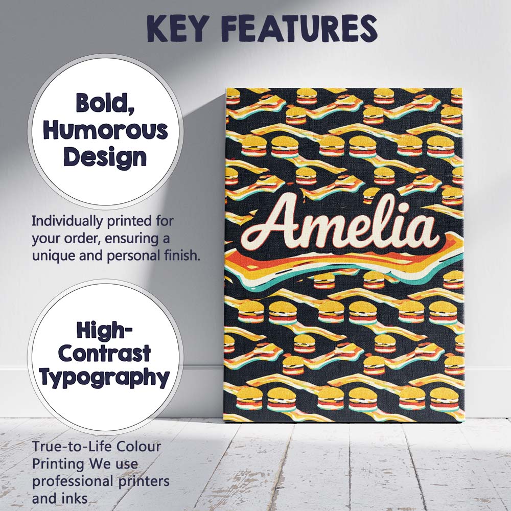 Personalised Name Burger Geometric Seamless Pattern Fast Food Snack Custom Canvas Wall Art Print Decor Picture Ready to Hang