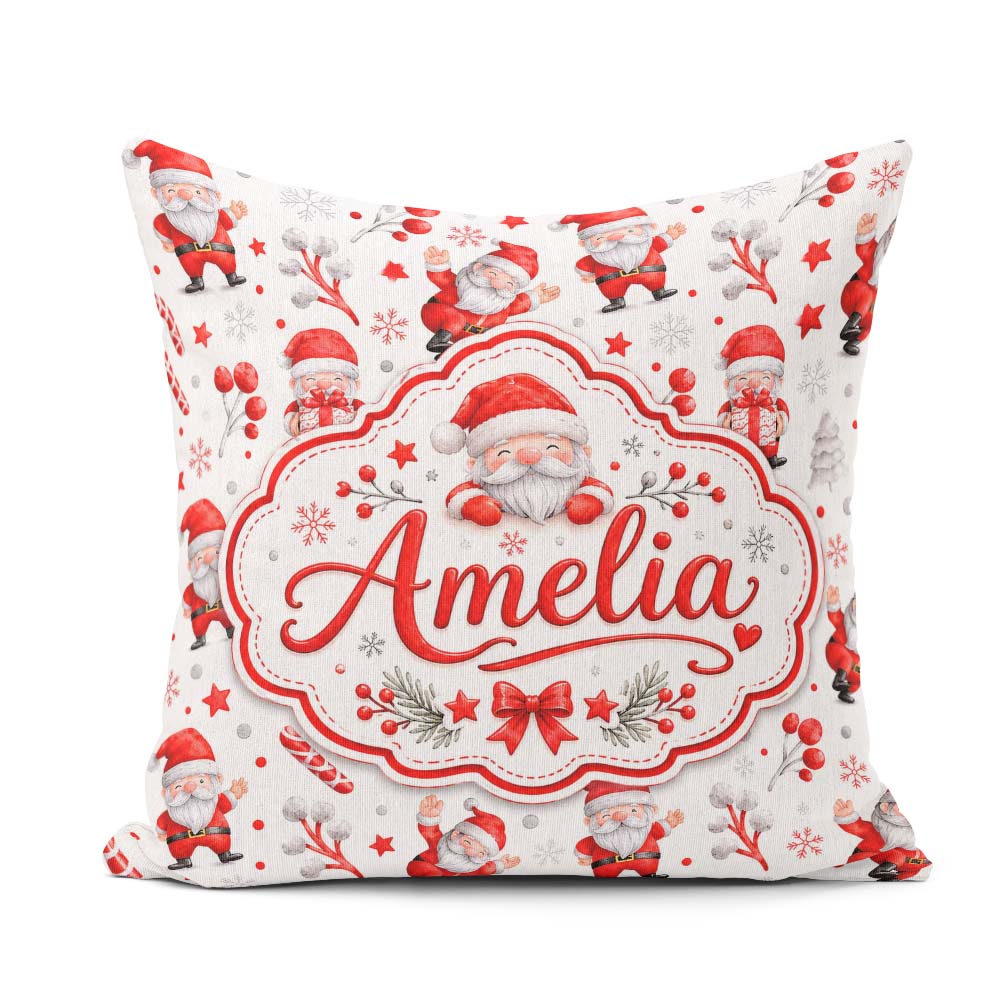 Custom Name Cute Santa Claus Stars Snowflakes Seamless Pattern Square Filled Cushion Throw Pillow Sofa Bed Home Decor Zip Washable UK Made