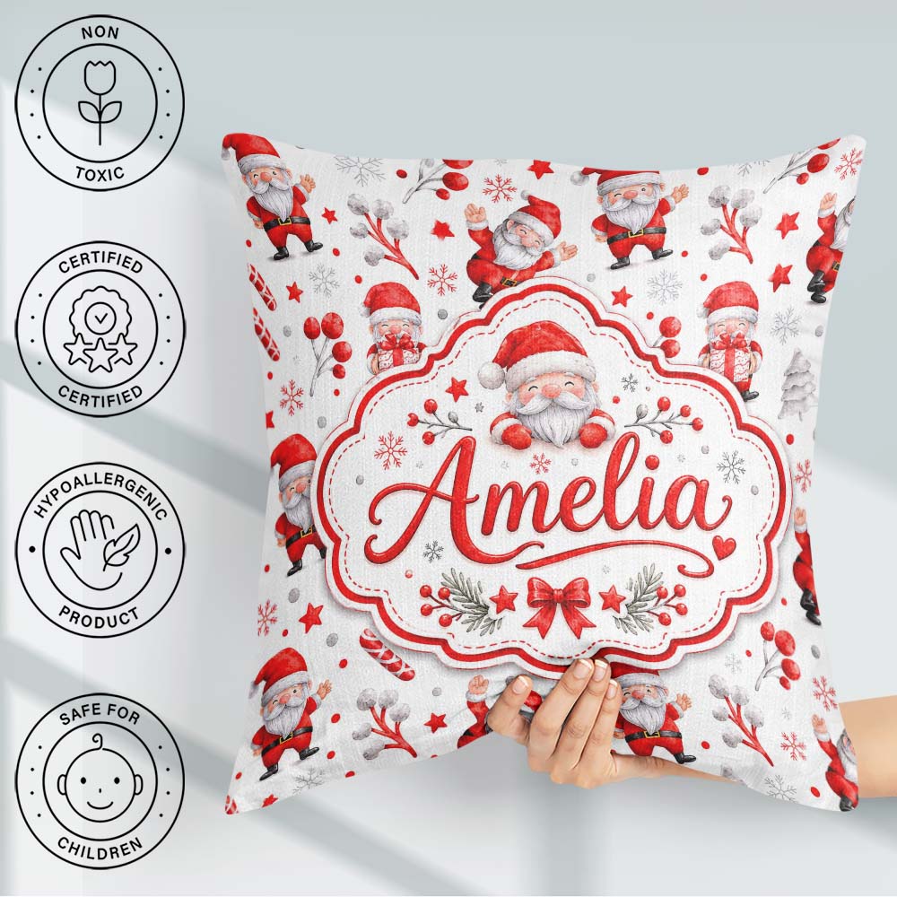 Custom Name Cute Santa Claus Stars Snowflakes Seamless Pattern Square Filled Cushion Throw Pillow Sofa Bed Home Decor Zip Washable UK Made