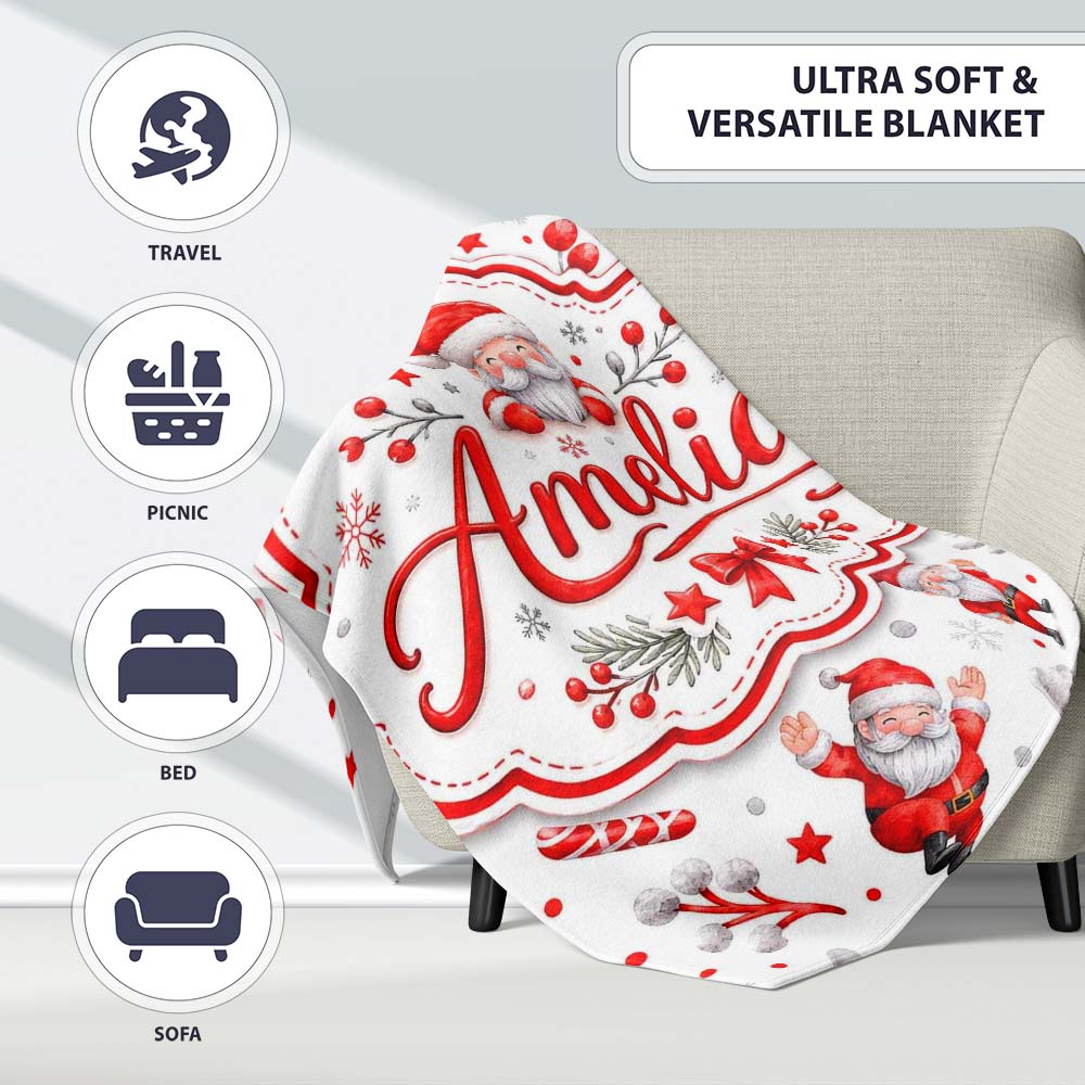 Cute Santa Claus Gift Stars Snowflakes Seamless Pattern Lovely  Personalised Custom Name Super Soft Fleece Blanket Bed Sofa Throw