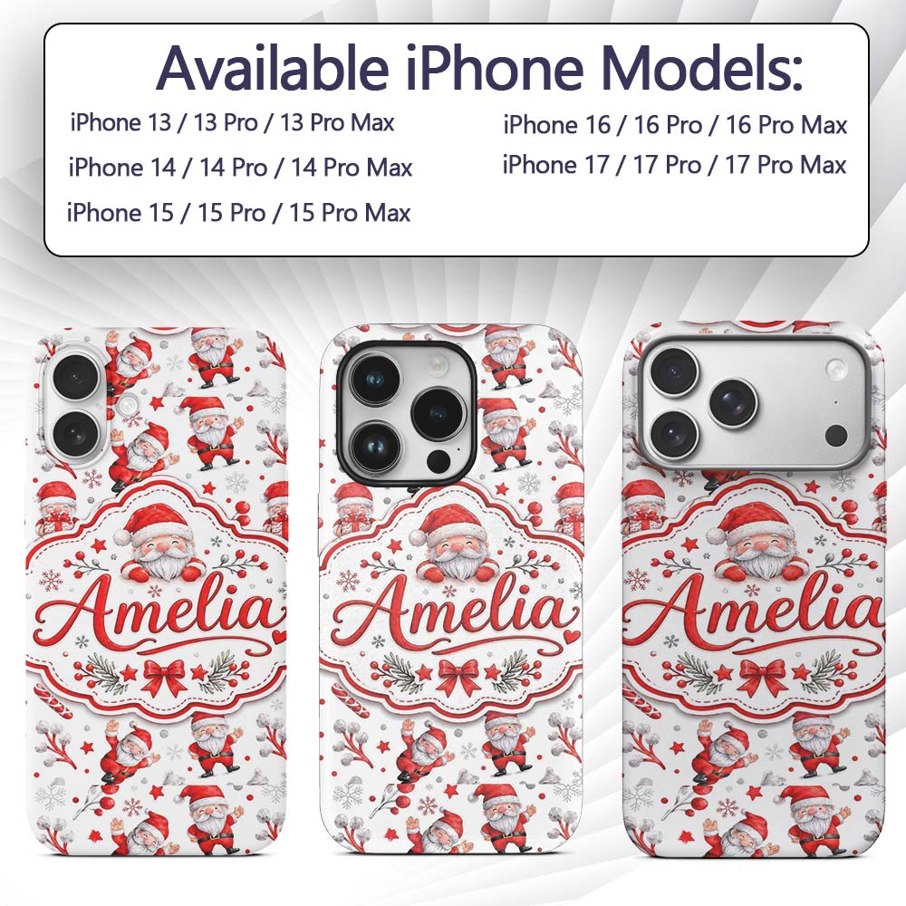 Cute Santa Claus Gift Stars Snowflakes Seamless Custom Name Protective Phone Case Mobile Cover Durable Everyday Smartphone Shock Resistant