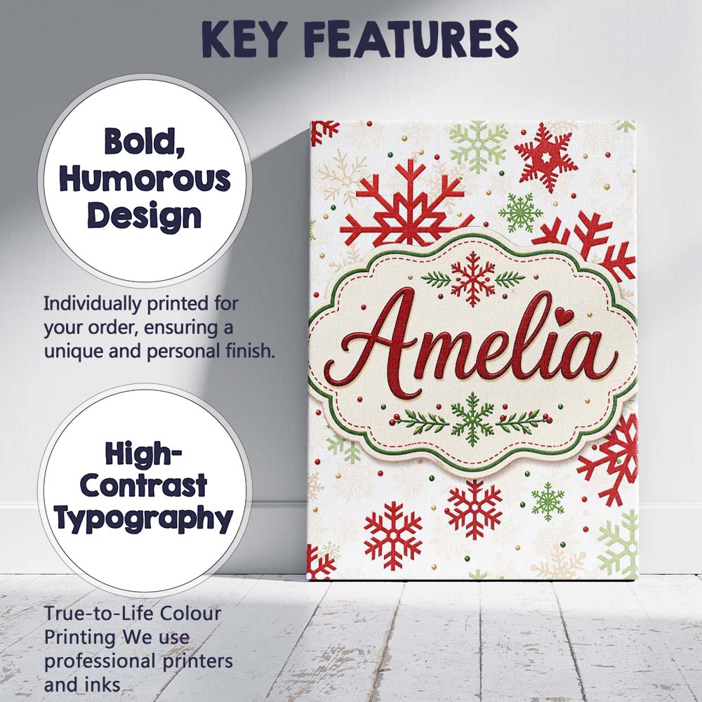 Personalised Name Red Green Snowflake Custom Modern Room Accent Creative Decorator Style Canvas Wall Art Print Decor Picture Ready to Hang