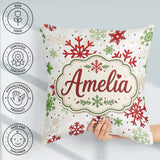 Custom Name Red Green Snowflake Winter Holiday Seamless Pattern Square Filled Cushion Throw Pillow Sofa Bed Home Decor Zip Washable UK Made
