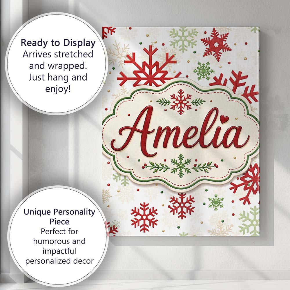 Personalised Name Red Green Snowflake Custom Modern Room Accent Creative Decorator Style Canvas Wall Art Print Decor Picture Ready to Hang