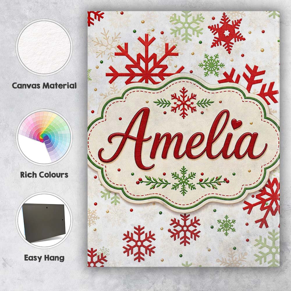 Personalised Name Red Green Snowflake Custom Modern Room Accent Creative Decorator Style Canvas Wall Art Print Decor Picture Ready to Hang