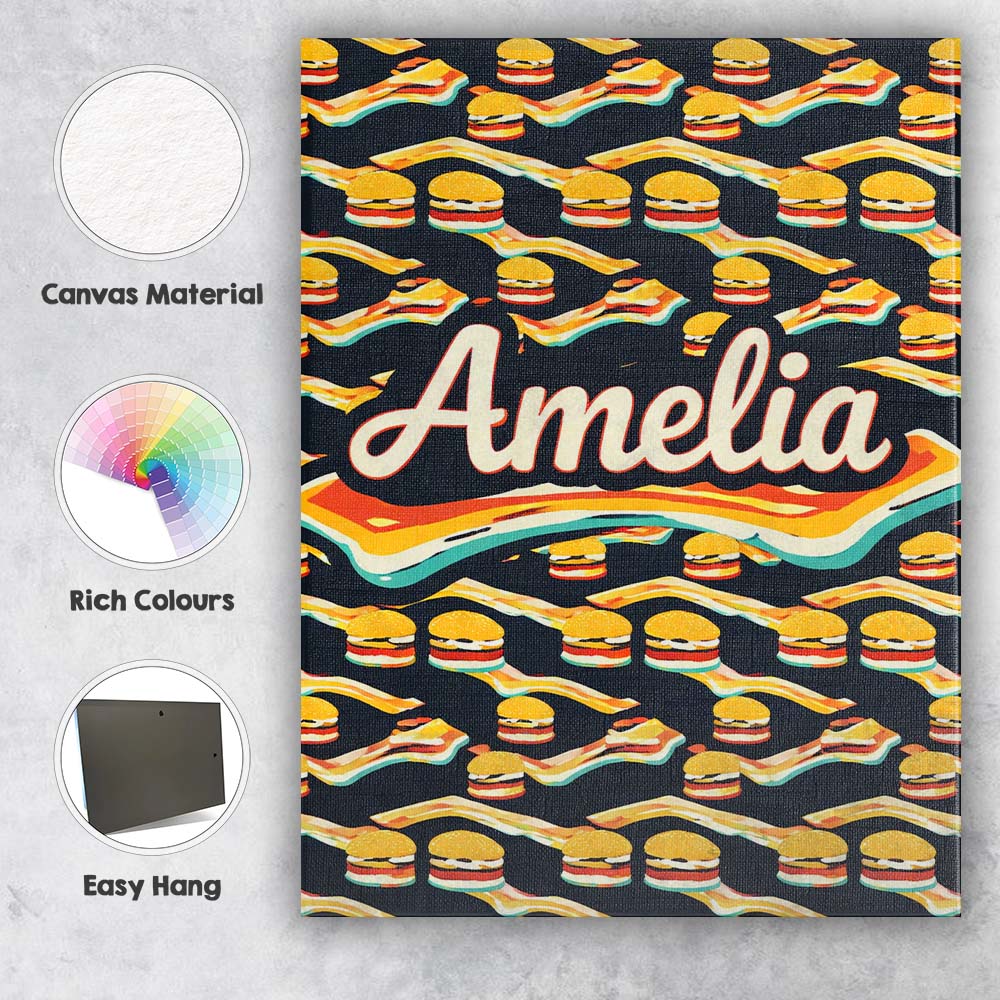 Personalised Name Burger Geometric Seamless Pattern Fast Food Snack Custom Canvas Wall Art Print Decor Picture Ready to Hang