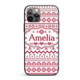 Scandinavian Red Nordic Knit Snowflake Pattern Custom Name Protective Phone Case Mobile Cover Durable Everyday Smartphone Shock Resistant