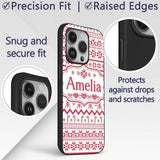 Scandinavian Red Nordic Knit Snowflake Pattern Custom Name Protective Phone Case Mobile Cover Durable Everyday Smartphone Shock Resistant
