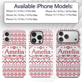 Scandinavian Red Nordic Knit Snowflake Pattern Custom Name Protective Phone Case Mobile Cover Durable Everyday Smartphone Shock Resistant