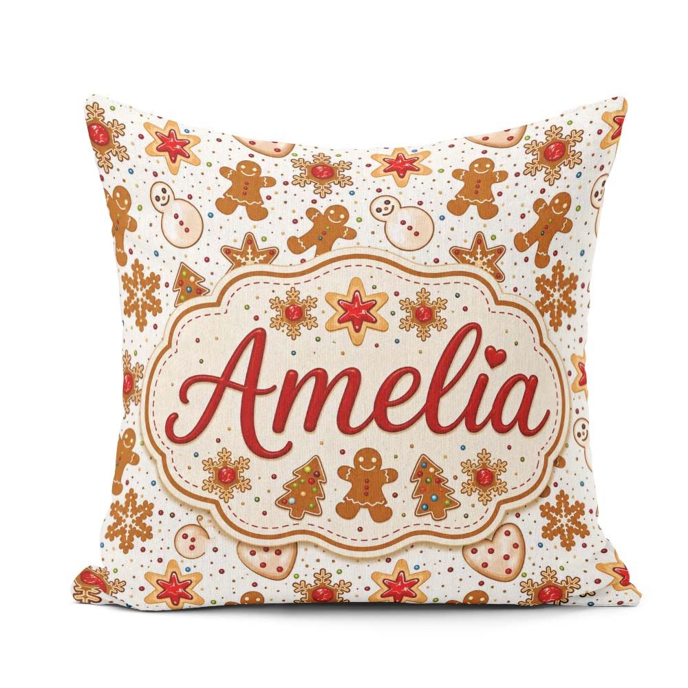 Custom Name Gingerbread Cookies Stars Hearts Snowflakes Seamless Square Filled Cushion Throw Pillow Sofa Bed Home Decor Zip Washable UK Made