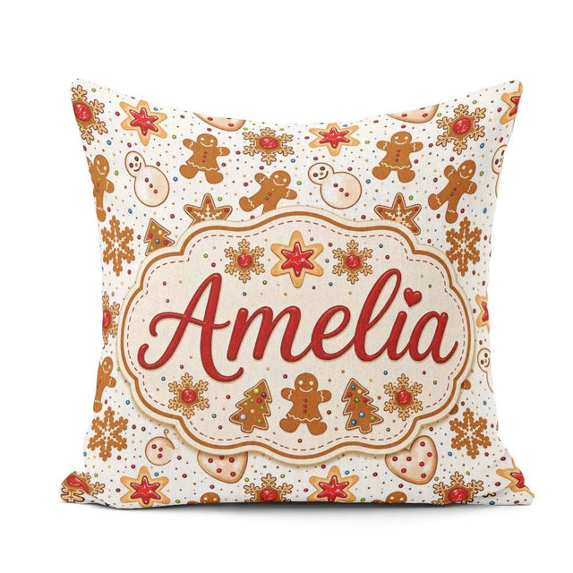 Custom Name Gingerbread Cookies Stars Hearts Snowflakes Seamless Square Filled Cushion Throw Pillow Sofa Bed Home Decor Zip Washable UK Made