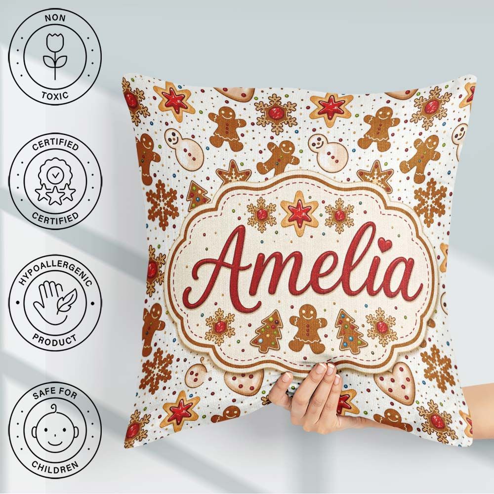 Custom Name Gingerbread Cookies Stars Hearts Snowflakes Seamless Square Filled Cushion Throw Pillow Sofa Bed Home Decor Zip Washable UK Made