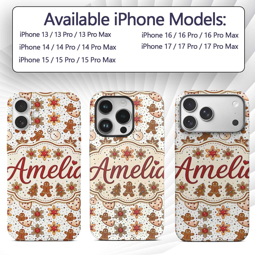 Cute Gingerbread Cookies Stars Hearts Snowflakes Custom Name Protective Phone Case Mobile Cover Durable Everyday Smartphone Shock Resistant