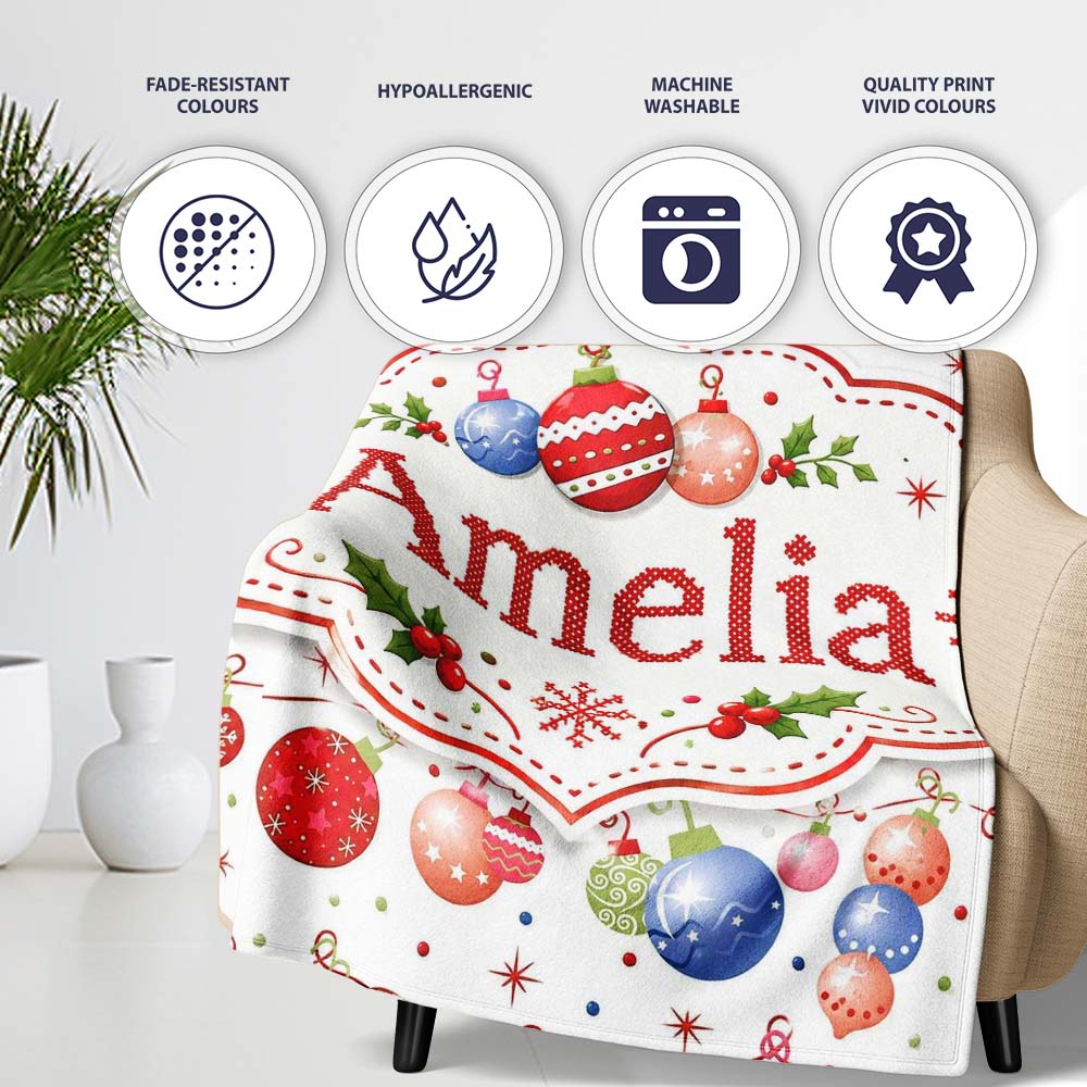 Christmas Hanging Baubles Garland Stars Seamless Pattern Lovely  Personalised Custom Name Super Soft Fleece Blanket Bed Sofa Throw