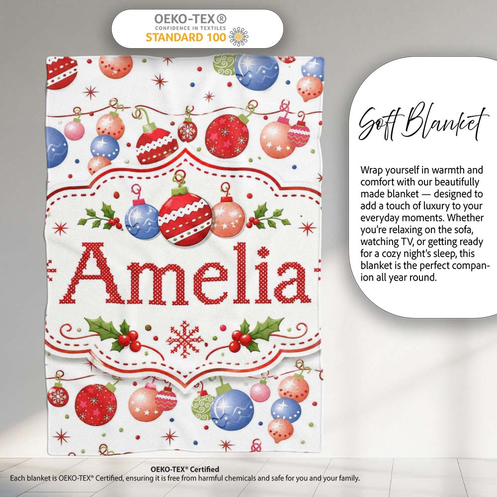 Christmas Hanging Baubles Garland Stars Seamless Pattern Lovely  Personalised Custom Name Super Soft Fleece Blanket Bed Sofa Throw
