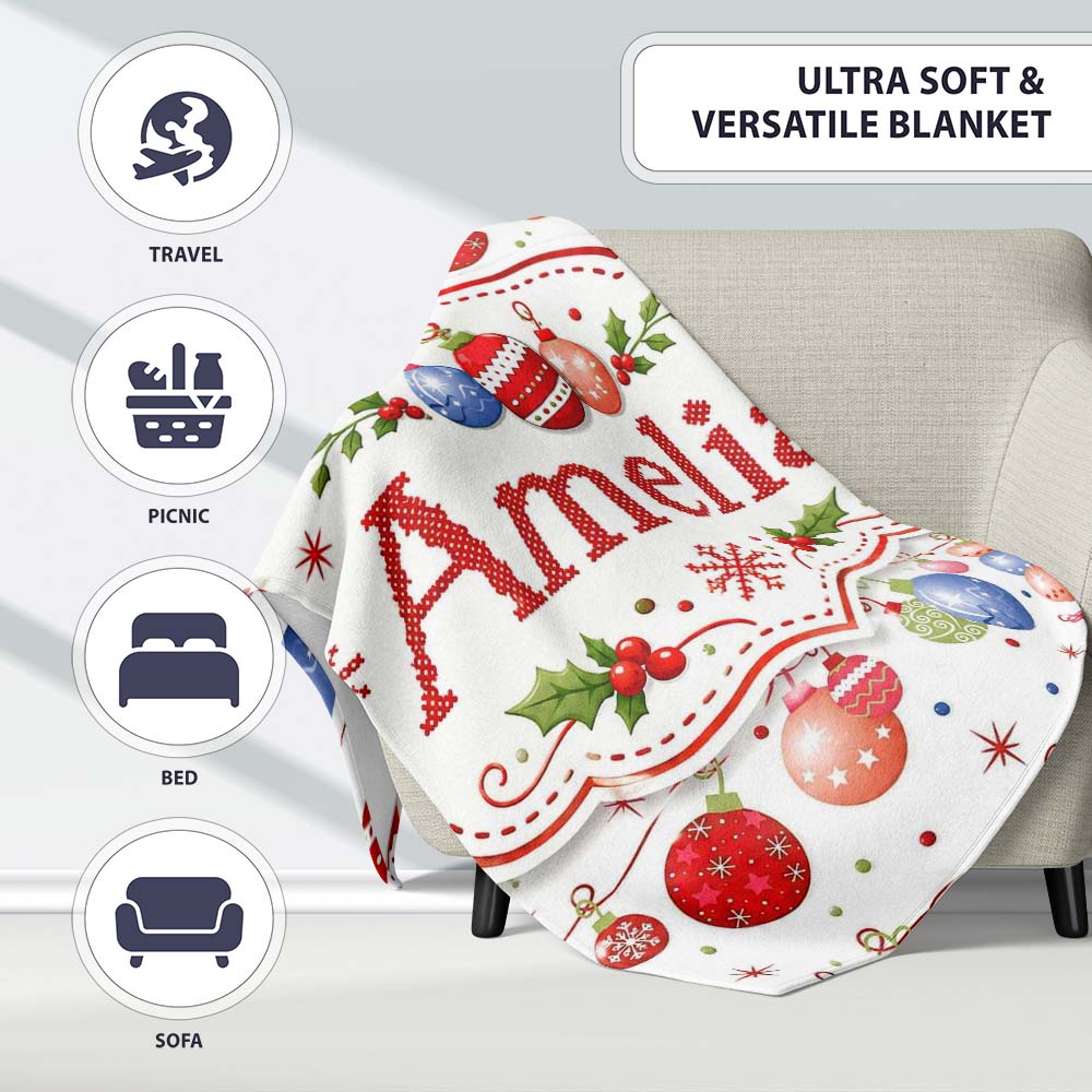 Christmas Hanging Baubles Garland Stars Seamless Pattern Lovely  Personalised Custom Name Super Soft Fleece Blanket Bed Sofa Throw