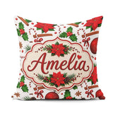 Custom Name Festive Poinsettia Holly Candy Cane Cinnamon Pattern Square Filled Cushion Throw Pillow Sofa Bed Home Decor Zip Washable UK Made