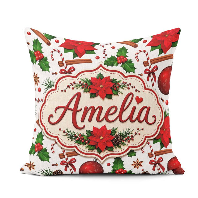 Custom Name Festive Poinsettia Holly Candy Cane Cinnamon Pattern Square Filled Cushion Throw Pillow Sofa Bed Home Decor Zip Washable UK Made