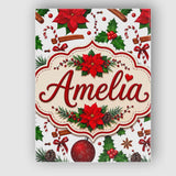 Personalised Name Festive Poinsettia Holly Custom  Unique Gift Idea Elegant Feature Canvas Wall Art Print Decor Picture Ready to Hang