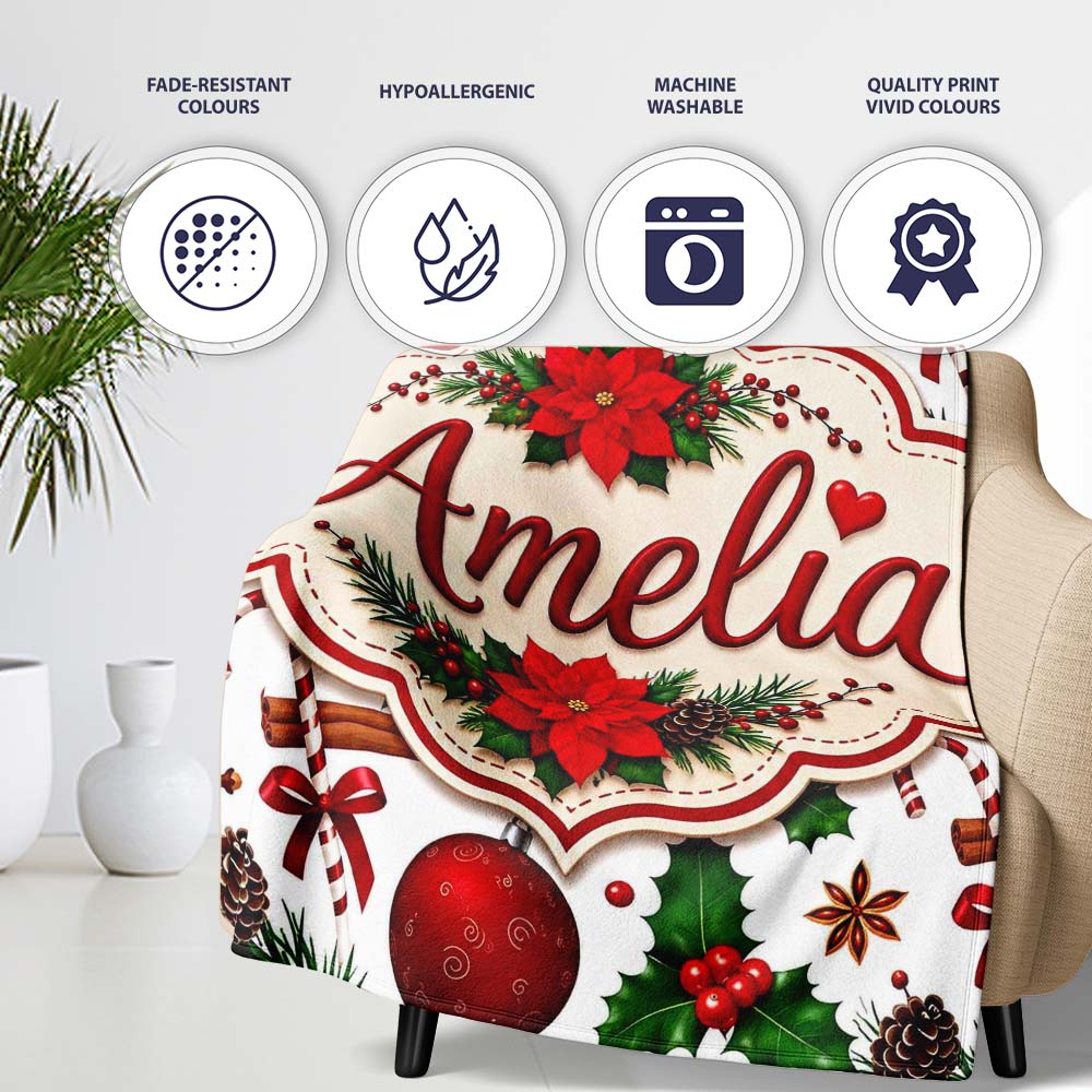 Festive Poinsettia Holly Candy Cane Cinnamon Seamless Pattern Lovely  Personalised Custom Name Super Soft Fleece Blanket Bed Sofa Throw