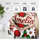 Festive Poinsettia Holly Candy Cane Cinnamon Seamless Pattern Lovely  Personalised Custom Name Super Soft Fleece Blanket Bed Sofa Throw