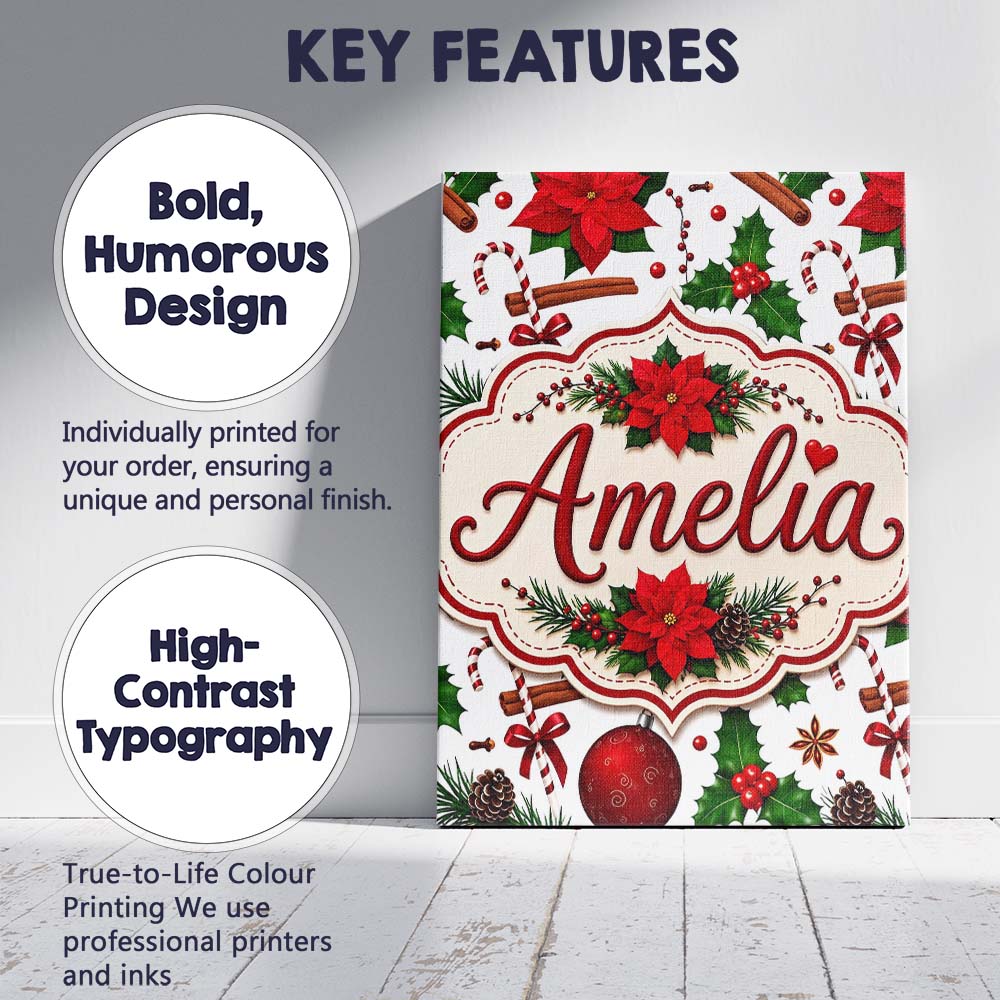 Personalised Name Festive Poinsettia Holly Custom  Unique Gift Idea Elegant Feature Canvas Wall Art Print Decor Picture Ready to Hang