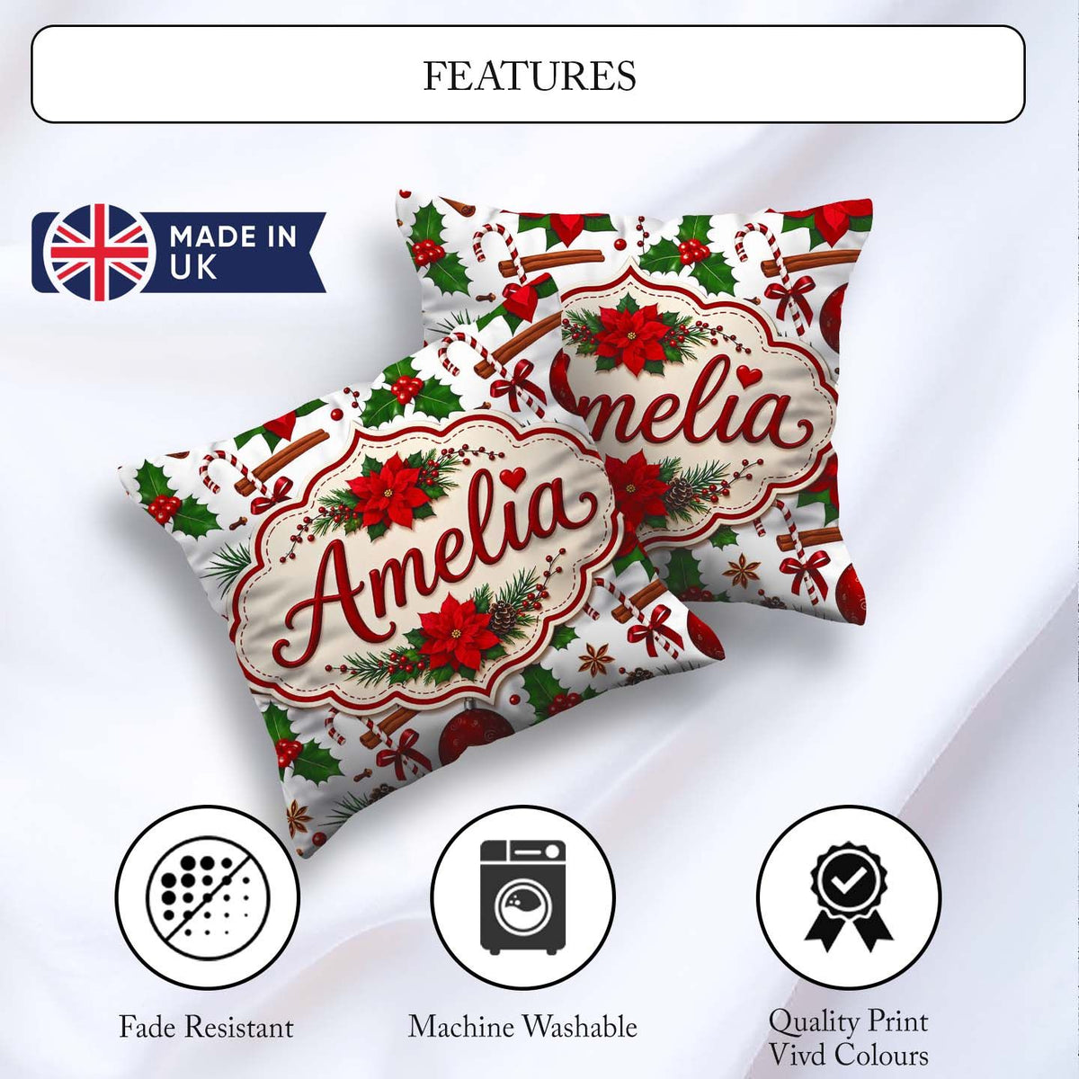 Custom Name Festive Poinsettia Holly Candy Cane Cinnamon Pattern Square Filled Cushion Throw Pillow Sofa Bed Home Decor Zip Washable UK Made
