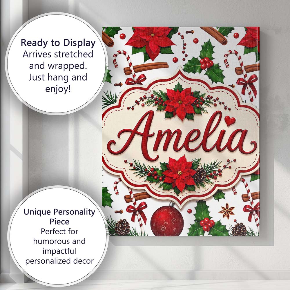 Personalised Name Festive Poinsettia Holly Custom  Unique Gift Idea Elegant Feature Canvas Wall Art Print Decor Picture Ready to Hang