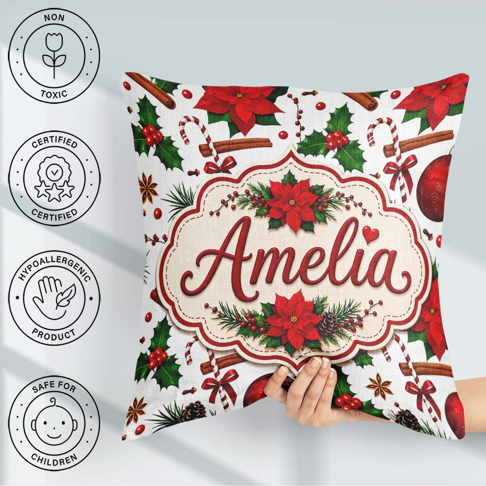 Custom Name Festive Poinsettia Holly Candy Cane Cinnamon Pattern Square Filled Cushion Throw Pillow Sofa Bed Home Decor Zip Washable UK Made