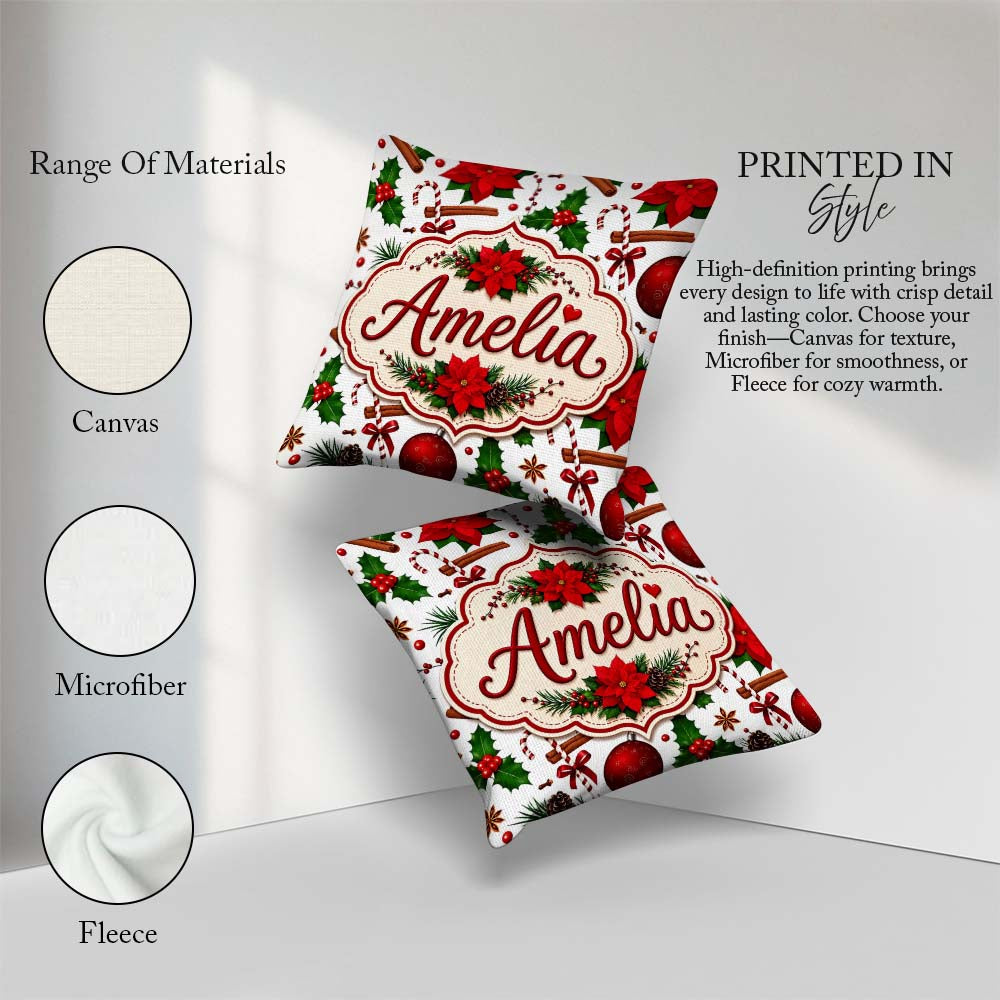Custom Name Festive Poinsettia Holly Candy Cane Cinnamon Pattern Square Filled Cushion Throw Pillow Sofa Bed Home Decor Zip Washable UK Made