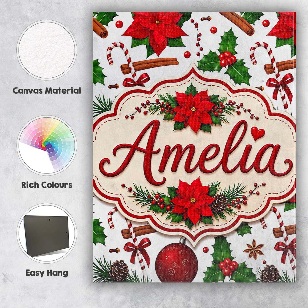 Personalised Name Festive Poinsettia Holly Custom  Unique Gift Idea Elegant Feature Canvas Wall Art Print Decor Picture Ready to Hang