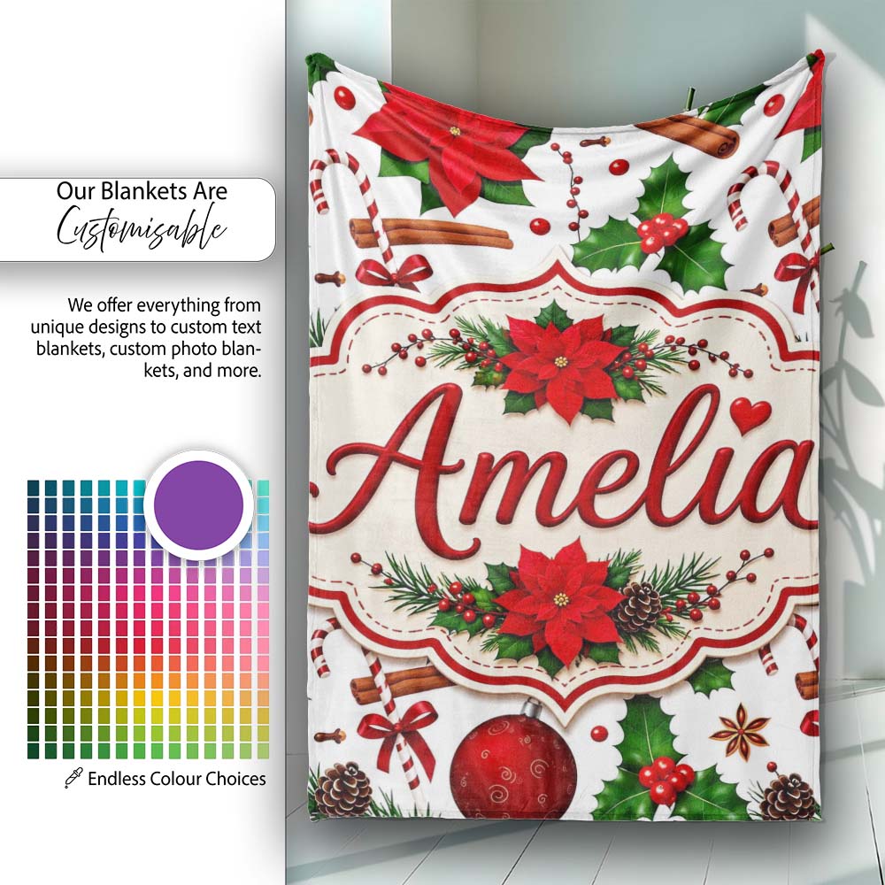 Festive Poinsettia Holly Candy Cane Cinnamon Seamless Pattern Lovely  Personalised Custom Name Super Soft Fleece Blanket Bed Sofa Throw