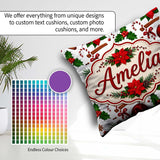 Custom Name Festive Poinsettia Holly Candy Cane Cinnamon Pattern Square Filled Cushion Throw Pillow Sofa Bed Home Decor Zip Washable UK Made