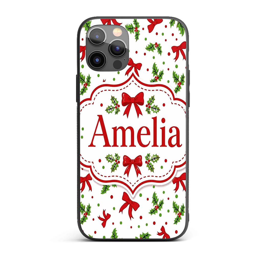 Christmas Holly Leaves Red Bows Printed Design Custom Name Protective Phone Case Mobile Cover Durable Everyday Smartphone Shock Resistant