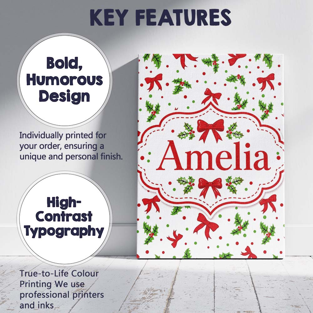 Personalised Name Christmas Holly Leaves Custom  Unique Gift Idea Elegant Feature Canvas Wall Art Print Decor Picture Ready to Hang