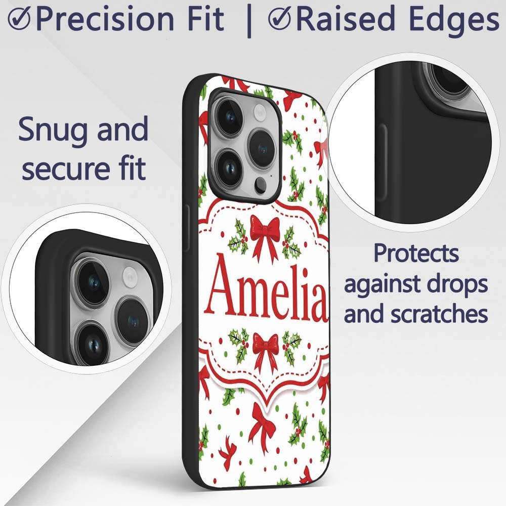 Christmas Holly Leaves Red Bows Printed Design Custom Name Protective Phone Case Mobile Cover Durable Everyday Smartphone Shock Resistant