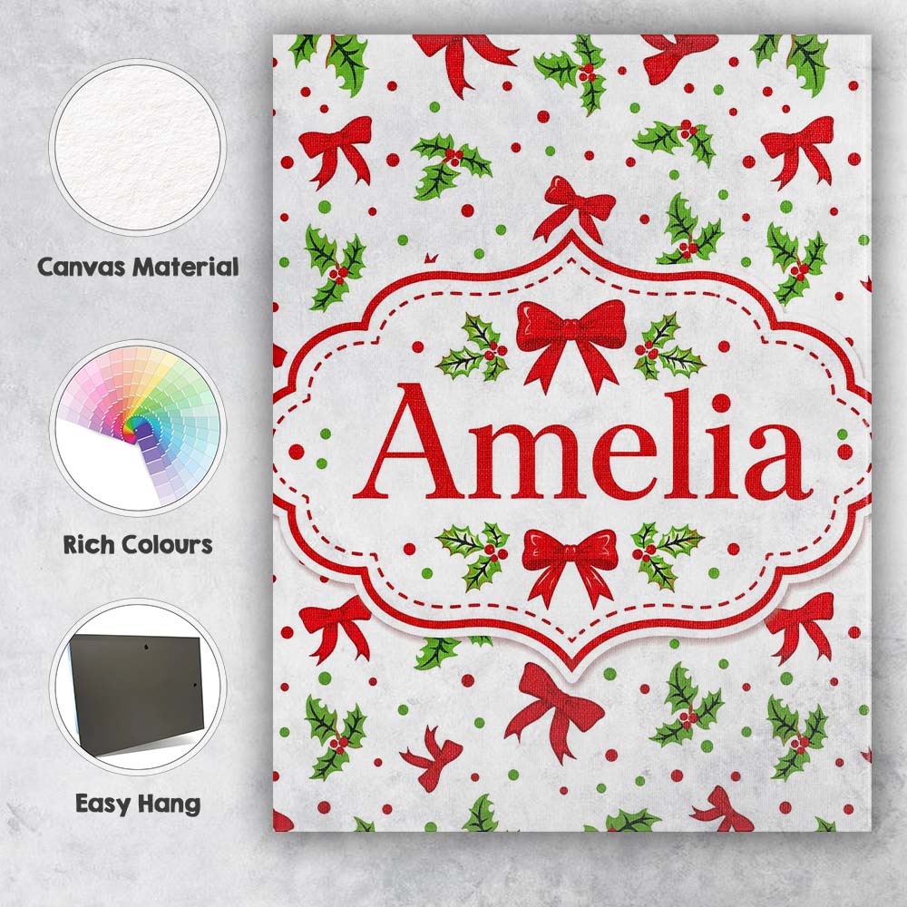 Personalised Name Christmas Holly Leaves Custom  Unique Gift Idea Elegant Feature Canvas Wall Art Print Decor Picture Ready to Hang