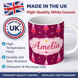 Personalized Custom Name Pink Christmas Trees Stars Lights Festive Seamless Pattern Lovely 11oz Ceramic Coffee Tea Mug White Large Handle