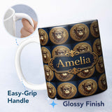 Personalized Custom Name Embossed Gold Monkey Coin Medallion Pattern on Deep Blue Background 11oz Ceramic Coffee Tea Mug White Large Handle