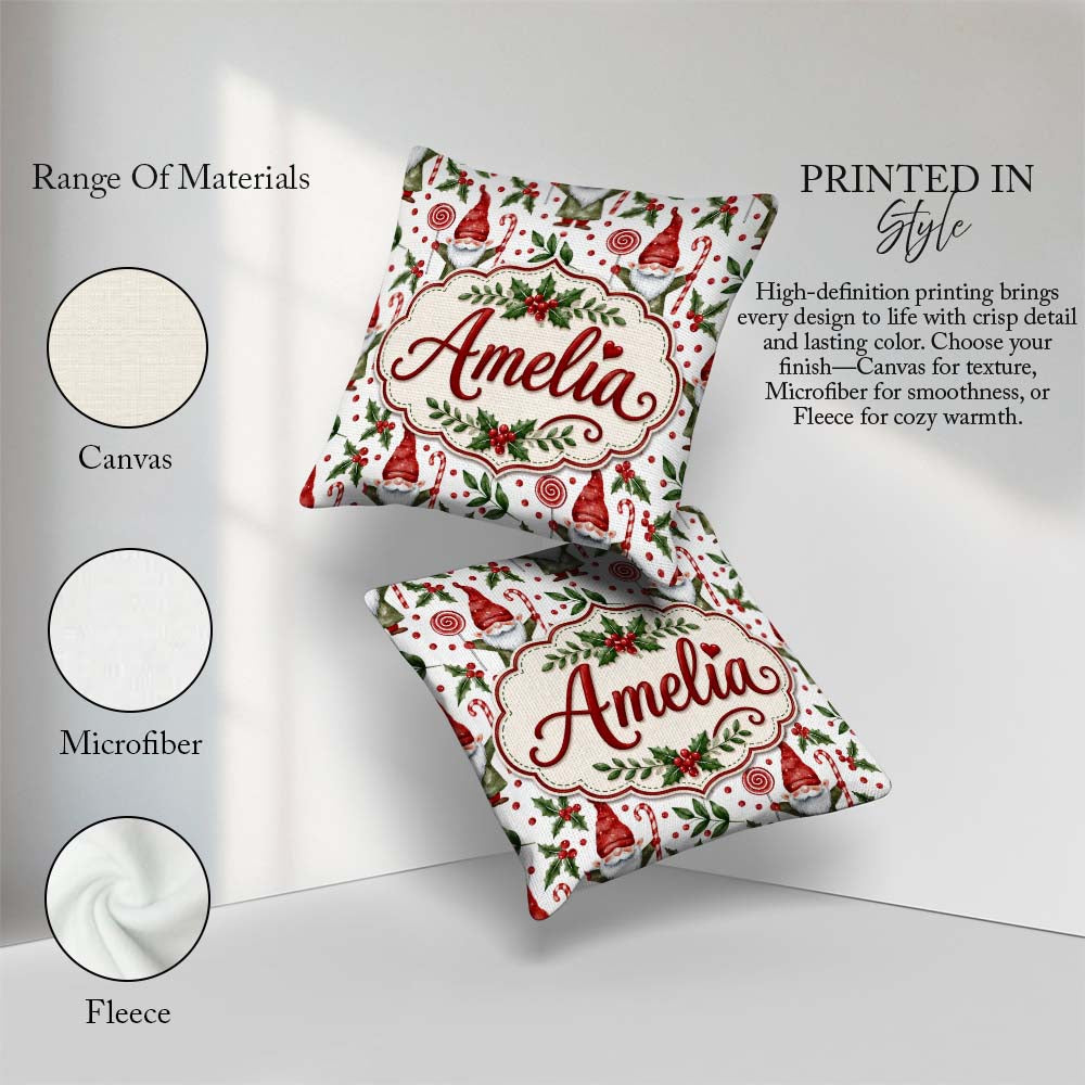 Custom Name Christmas Gnome Candy Cane Lollipop Seamless Pattern Square Filled Cushion Throw Pillow Sofa Bed Home Decor Zip Washable UK Made
