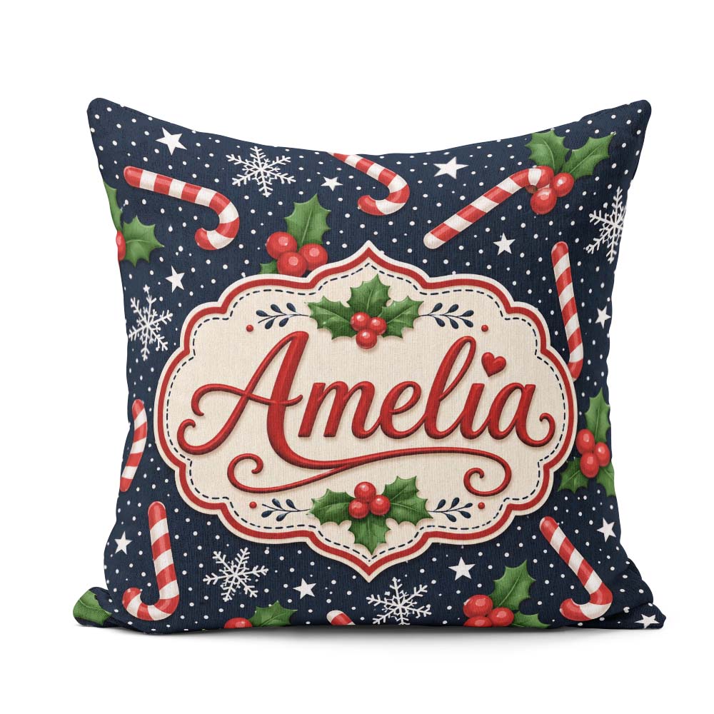 Custom Name Christmas Candy Cane Holly Snowflakes Dark Seamless Square Filled Cushion Throw Pillow Sofa Bed Home Decor Zip Washable UK Made