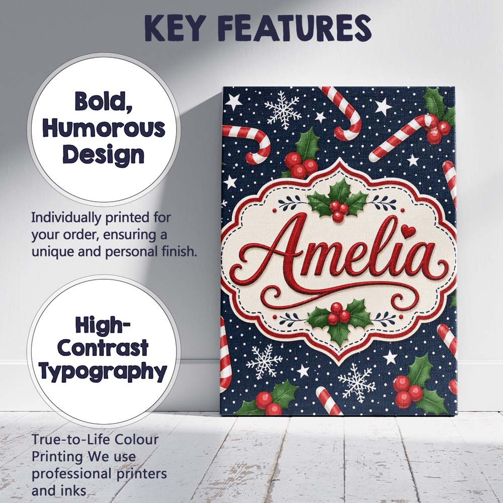 Personalised Name Christmas Candy Cane Custom  Modern Room Accent Elegant Feature Canvas Wall Art Print Decor Picture Ready to Hang