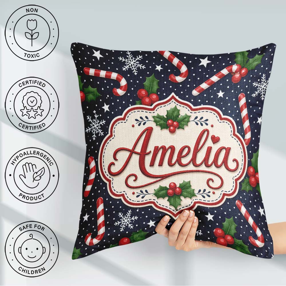 Custom Name Christmas Candy Cane Holly Snowflakes Dark Seamless Square Filled Cushion Throw Pillow Sofa Bed Home Decor Zip Washable UK Made