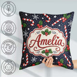 Custom Name Christmas Candy Cane Holly Snowflakes Dark Seamless Square Filled Cushion Throw Pillow Sofa Bed Home Decor Zip Washable UK Made