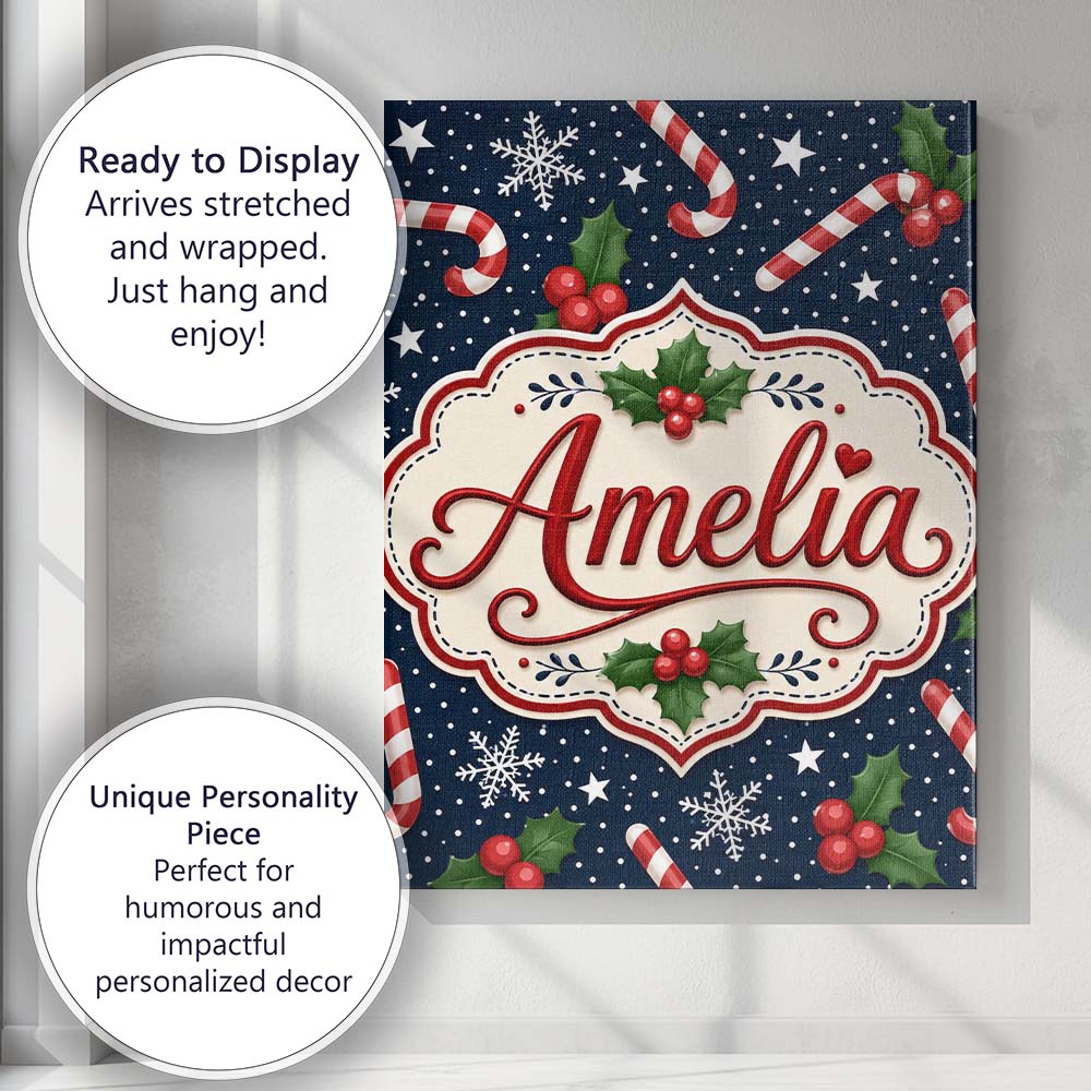 Personalised Name Christmas Candy Cane Custom  Modern Room Accent Elegant Feature Canvas Wall Art Print Decor Picture Ready to Hang
