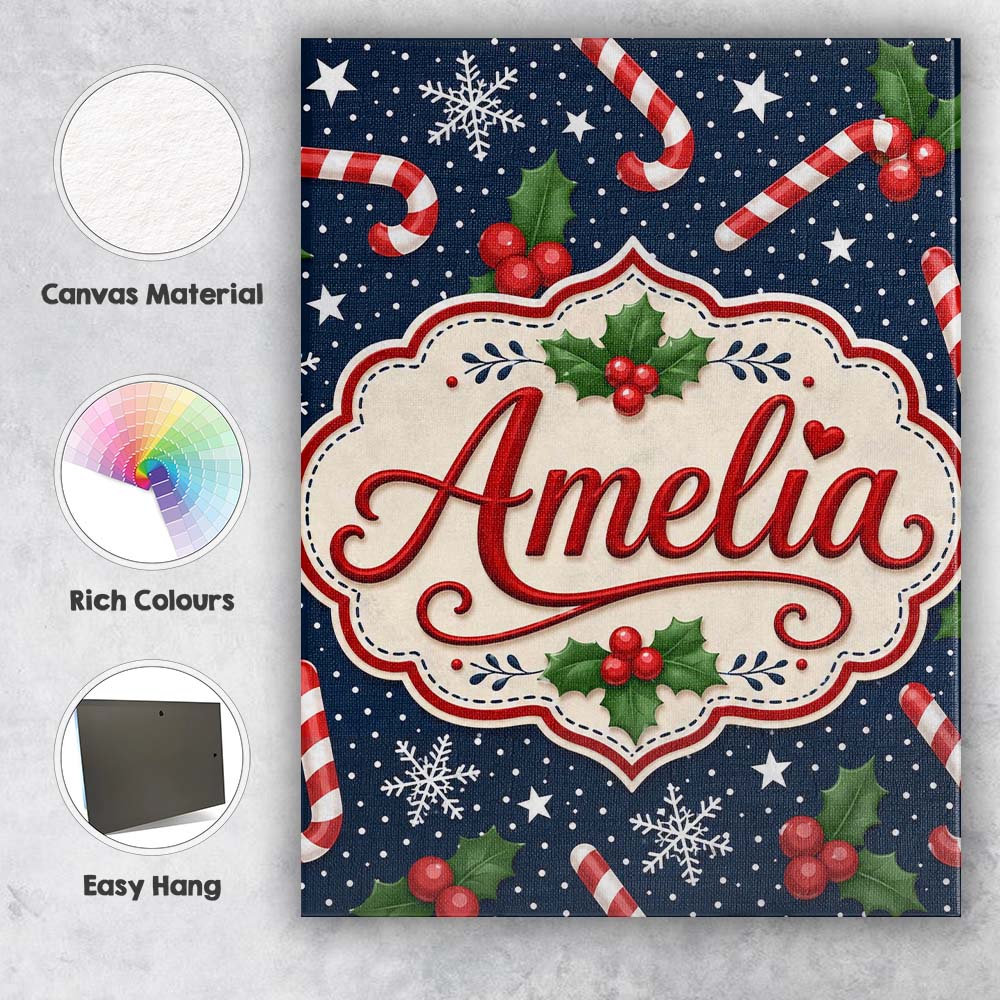 Personalised Name Christmas Candy Cane Custom  Modern Room Accent Elegant Feature Canvas Wall Art Print Decor Picture Ready to Hang