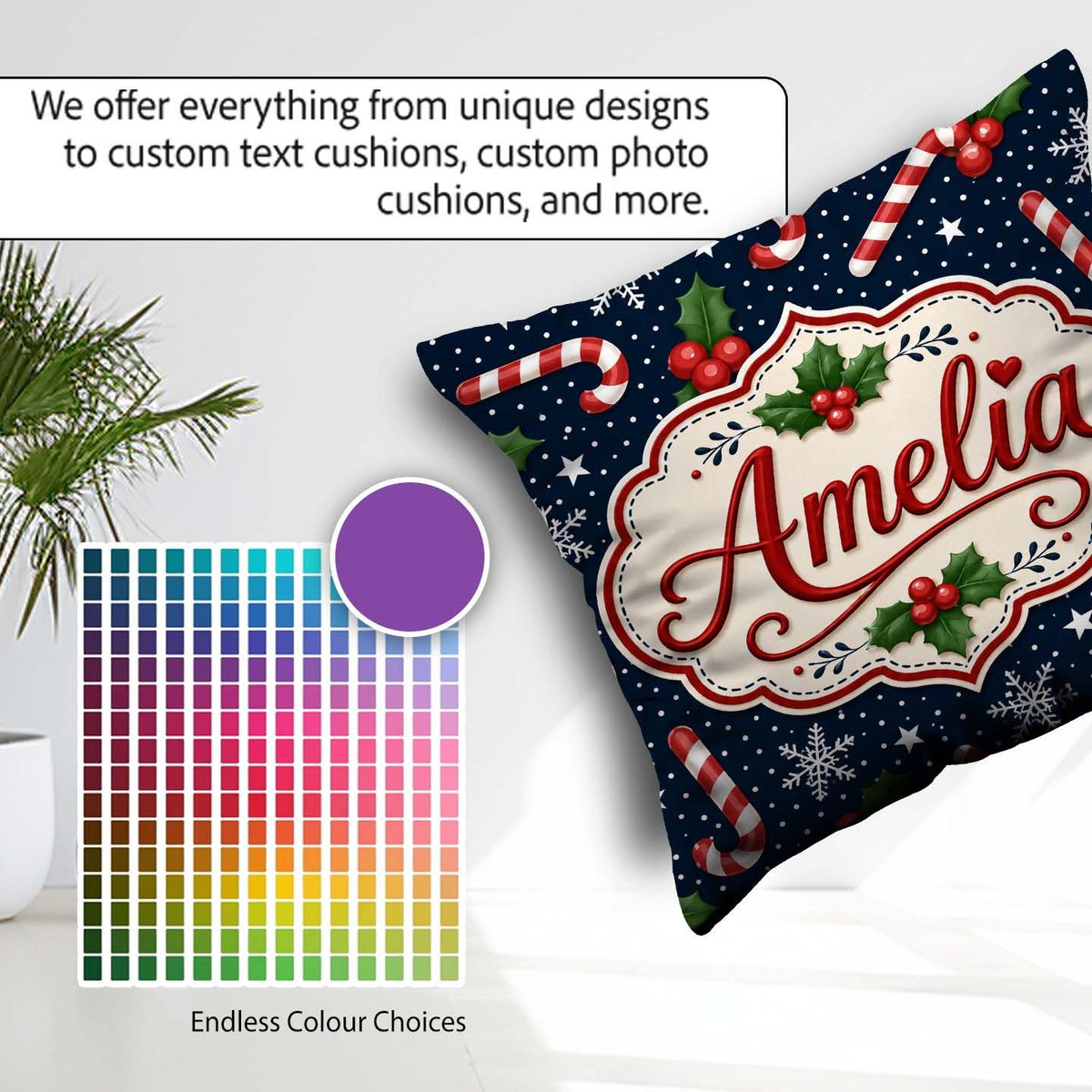 Custom Name Christmas Candy Cane Holly Snowflakes Dark Seamless Square Filled Cushion Throw Pillow Sofa Bed Home Decor Zip Washable UK Made